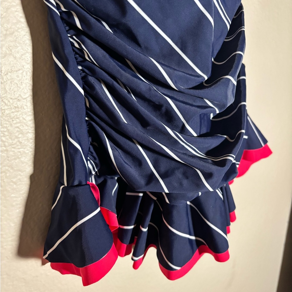 Elegant Navy and Pink Striped Women's One-Piece Swimsuit - Picture 2 of 4